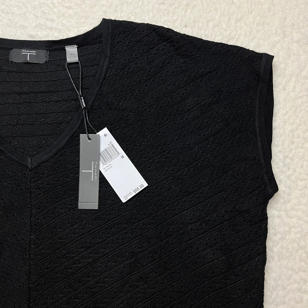 Tahari Top Women Medium‎ Black V-Neck Cap Sleeve Textured Knit Sweater Shell NEW